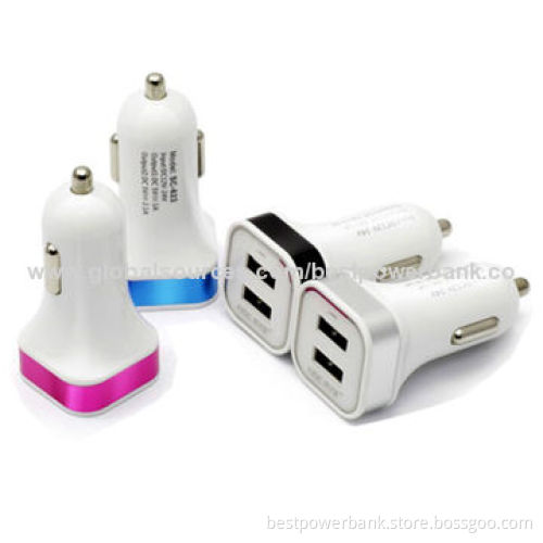Good Quality 2 USB Car Chargers with Color Aluminum Rim, 12 to 24V DC Input Range for All Smartphone